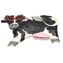 Hand-Painted Wooden Cow Brooch Pin Glossy Black &amp; White with Red Glasses 3&quot; - £12.39 GBP