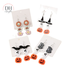  Spooky Halloween Dangle Drop Earrings - Acrylic Flower Skull Boo Pumpkin Bat  - £10.14 GBP