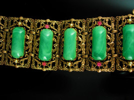 Antique HUGE bracelet Vintage green galalith Big Suffragette Purple rhinestone  - £316.77 GBP