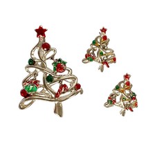 Christmas Tree Dangle Charms Silver Tone Pendant Brooch Pierced Earrings Set - £18.05 GBP