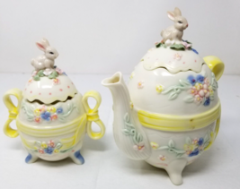 Teapot Easter Bunny Sugar Bowl Rabbit Set Floral Bow Pastel Egg Shape Vtg - $18.95