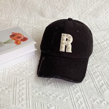 Washed Ripped Soft-Top Baseball Cap Female Letter R Pearl Rhinestone Cap Casual  - $20.50