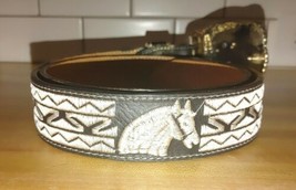 Mexico leather Black Belt Needlepoint Horse Western With &quot;A&quot; belt Buckle - £32.02 GBP