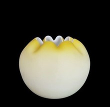 Vintage Yellow Satin Glass White Cased Hand Blown Ruffled Edge Ball Vase - $29.99