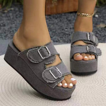 Fashion Denim Buckle Wedges Sandals Summer Outdoor High Heel Slippers Th... - £23.39 GBP