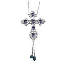 Mojave Blue Turquoise Platinum Bond Brass Cross PendantSWAROVSKI Purple Crystal  - £23.32 GBP