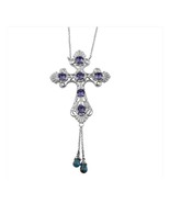 Mojave Blue Turquoise Platinum Bond Brass Cross PendantSWAROVSKI Purple Crystal  - $29.00