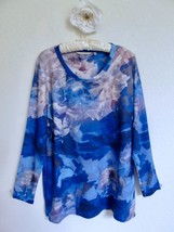 Soft Surroundings Sirena Watercolor Knit Tunic Top L Blue Floral Artsy 2FC93 - £23.88 GBP