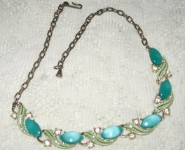 Thermoset Choker Necklace Rhinestone/Turquoise Color-1950&#39;s - $9.00