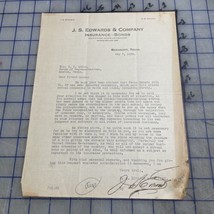 Beaumont Texas Letter J. S. Edward’s &amp; Company Insurance 1929 Signed  - £39.59 GBP