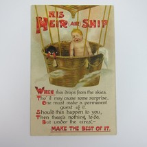 Postcard Comic Birth Announcement Baby Boy in Airship Hot Air Balloon UNPOSTED - £7.82 GBP