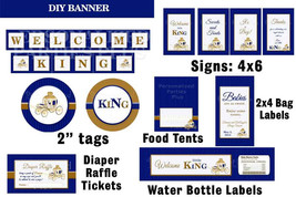 SALE: Royal King baby shower party kit with banner, signs, food tents, 2&quot; labels - £11.78 GBP