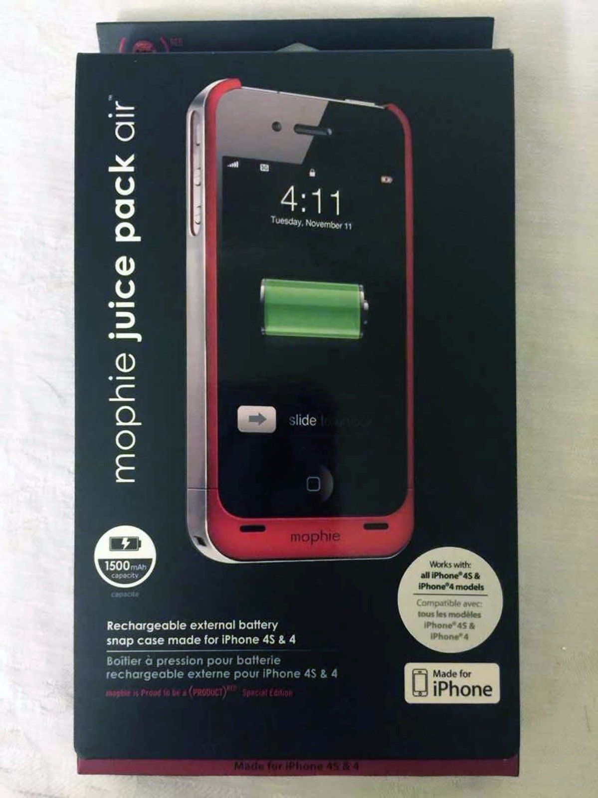 Mophie Juice Pack Air for iPhone 4/4S Rechargeable Battery & Case - Color Red  - $30.00
