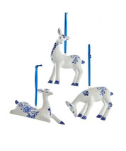 Kurt Adler Set Of 3 Porcelain Indigo Blue,White Delft Blue Deer Xmas Ornaments - £16.69 GBP