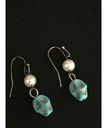 Turquoise Howlite Skull and Faux Pearl Wire Earrings - £5.50 GBP