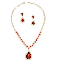 Elegant Red Teardrop Halo Bridal Crystal Jewelry Gold Over Drop Earring Necklace - £45.99 GBP