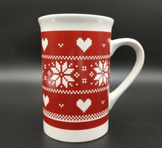 Fairisle Sweater Mug Coffee Cup White Red Hearts Stars Arrows Quilt Block - £9.82 GBP