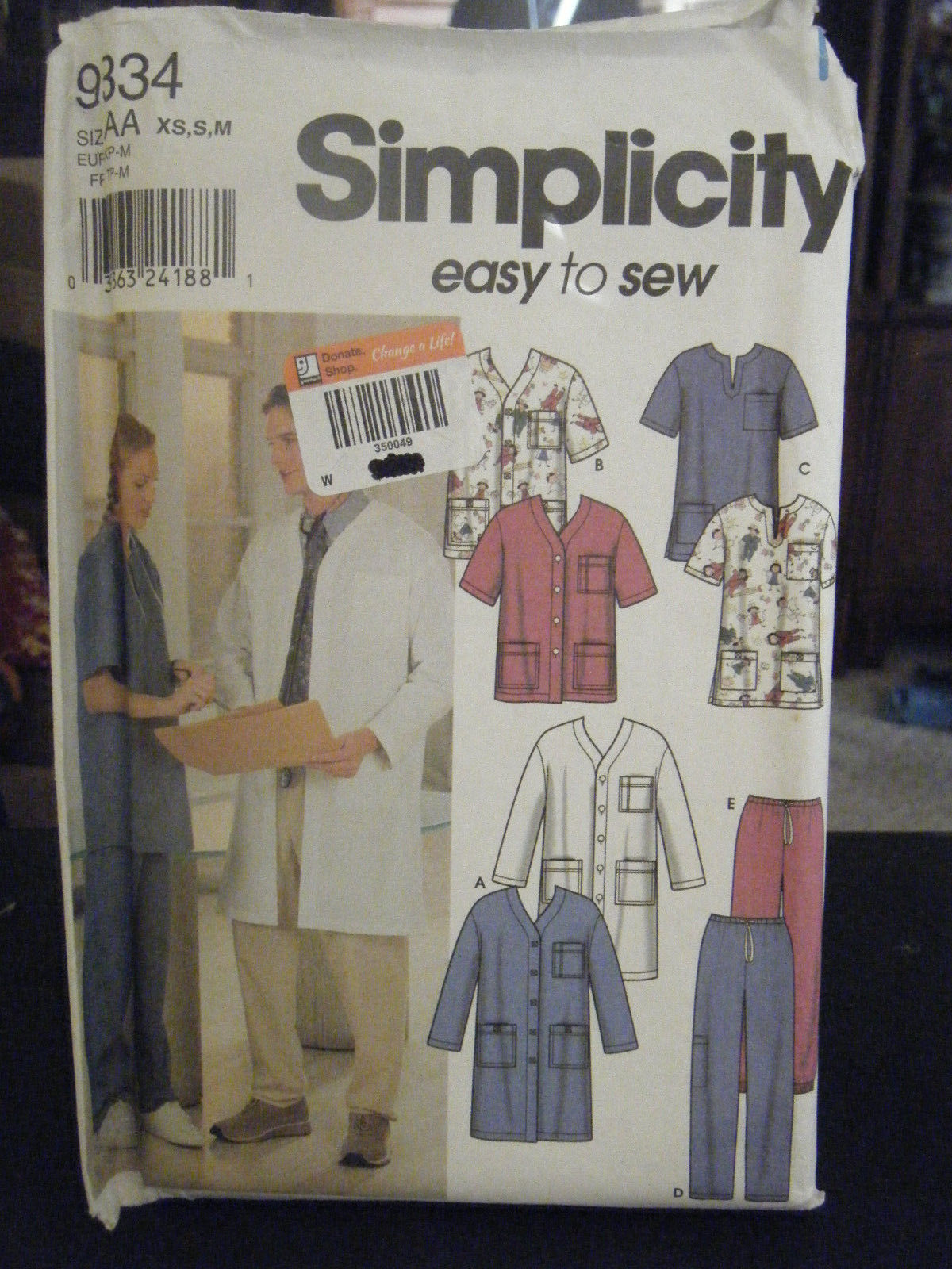 Simplicity 9334 Misses & Men's Scrub Jacket, Top & Pants Pattern - Size XS/S/M - $10.11