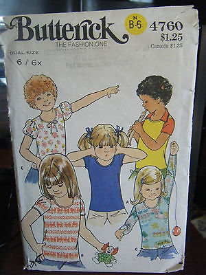 Primary image for Butterick 4760 Girl's T-Shirt Pattern - Sizes 6-6X Chest 25-25 1/2
