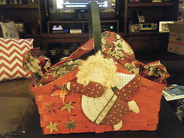 Christmas Holiday Red Christmas Basket w/Quilted Appliqued Angel &amp; Stars - $22.27