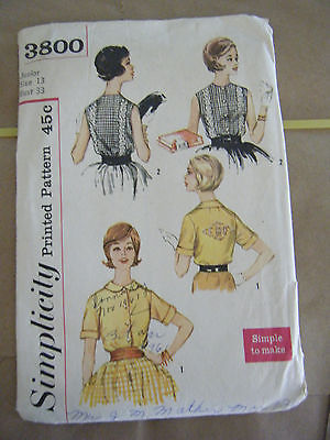 Vintage 1960's Simplicity 3800 Junior Size Blouses Pattern - Size 13 Bust 33 - $16.03