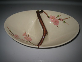 Vintage Handpainted Divided Basket Dish w/Raised Flowers &amp; Ceramic Twig Handle - £26.89 GBP