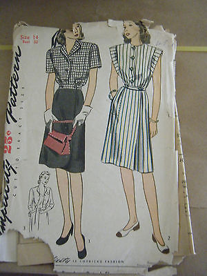 Vintage 1940's Simplicity 1305 Misses Dresses Pattern - Size 14 Bust 32 - $24.03
