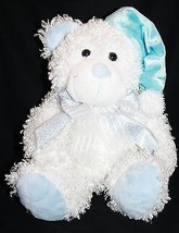 Walmart Blue Bedtime Hat 14&quot; Teddy Bear White Curly Plush Bow Stuffed Soft Toy - £9.46 GBP