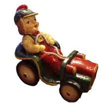 Vintage Christmas Ornament Boy Green Cap Driving Soap Box Derby Car 3.5&quot;lx3&quot;t - £74.70 GBP