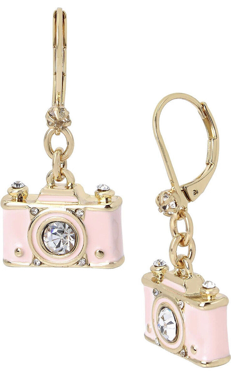 Primary image for Betsey Johnson Pink Camera Crystal Gold Toned Dangle Earrings