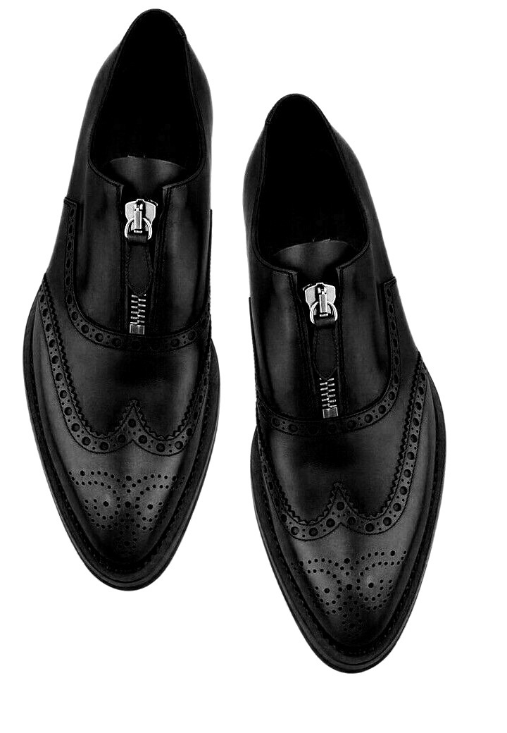 Black Fashionable Men's Shoes Wingtip Brogue Genuine Leather Fastening Zipper