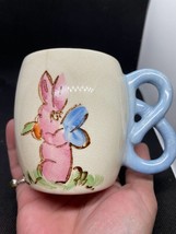 Vintage Baby Mug with Pink Rabbit and Blue Pretzel Handle - £11.40 GBP