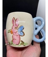 Vintage Baby Mug with Pink Rabbit and Blue Pretzel Handle - £11.49 GBP