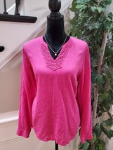 Kim Rogers Women&#39;s Pink Linen Lace V-Neck Long Sleeve Top Blouse Petite ... - £20.19 GBP