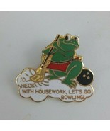 Vintage Cute Frog &quot;To Heck With Housework, Let&#39;s Go Bowling! Lapel Hat Pin - $5.45