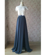 DUSTY BLUE Slit Maxi Chiffon Skirt Plus Size Summer Bridesmaid Chiffon S... - £52.55 GBP
