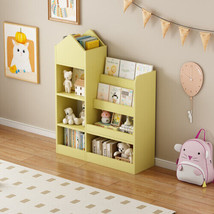 Yellow Kids Wooden Bookshelf Toy Organizer, 6 Compartments, 2 Baskets - $127.34