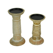 Set of 2 Wood Pedestal Candle Holders Rustic White Washed Pillar Centerpieces - £25.80 GBP
