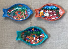Mexican Art Pottery Terracotta Folk Art Fish Wall Plate Set Of Three - $27.72