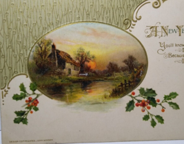 New Years Postcard Country Cottage Lake John Winsch Germany Embossed Vintage - £6.77 GBP