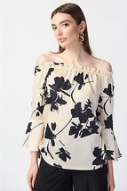 Joseph Ribkoff Beige/Black Floral Print Off-Shoulder Bell Sleeve Satin T... - £53.72 GBP