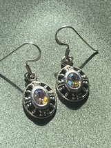 Oval Mystic Topaz in 925 Marked Silver Cut-Out Frame Dangle Earrings for Pierced - £18.65 GBP