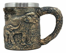 Ebros Safari Elephant&amp; Calf Family Coffee Mug Textured Rustic Tree Bark Design - £19.95 GBP