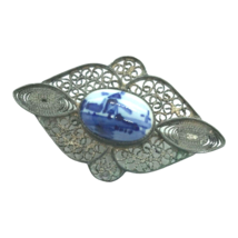 Vintage delft pin brooch with silver filigree dutch windmill blue white - $19.79