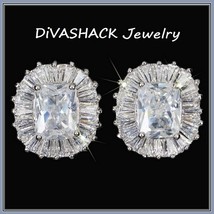 Cushion Cut White Sapphire Encircled Pave CZ Diamonds White Gold Stud Earrings image 1