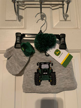 NWT - John Deere Gray &amp; Green Tractor Image Knit Hat &amp; Mittens Set - 2T-4T - £15.97 GBP