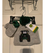 NWT - John Deere Gray &amp; Green Tractor Image Knit Hat &amp; Mittens Set - 2T-4T - £15.68 GBP