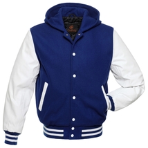 Varsity Letterman Baseball Hoodie Jacket Royal Blue Body White Leather Sleeves - £78.93 GBP