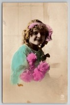 RPPC Pretty Girl Large Pink Head Band Hand Colored Photo Studio Postcard H25 - £3.15 GBP