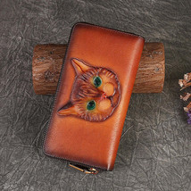 Womens Genuine Leather Cat Pattern Wallet Retro Cowhide Purse - $57.95+